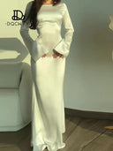 New Elegant Satin Flare Sleeve Evening Party Dress White Champagne