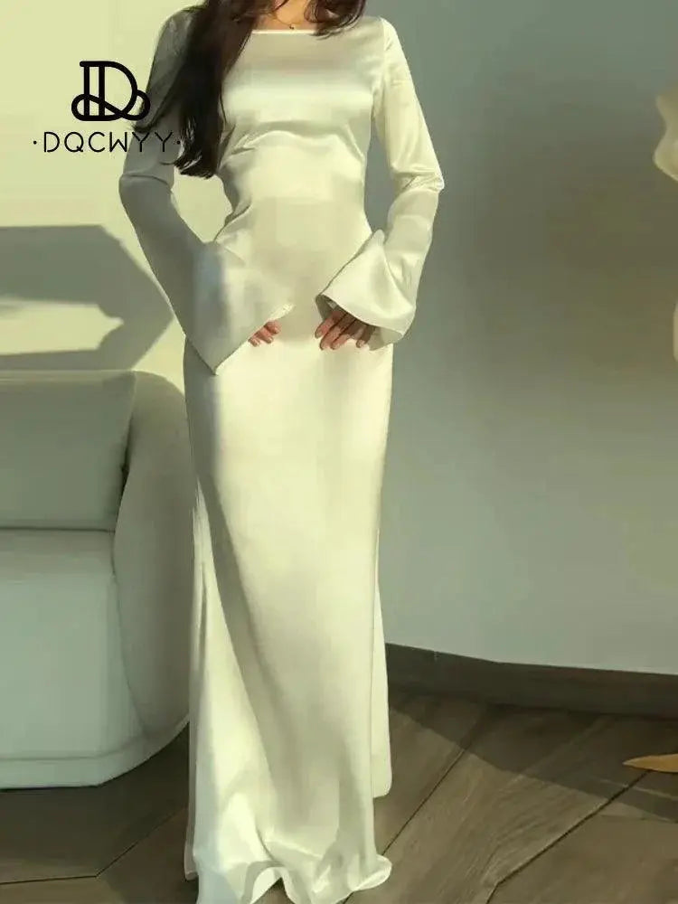 New Elegant Satin Flare Sleeve Evening Party Dress Champagne