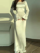 New Elegant Satin Flare Sleeve Evening Party Dress White Champagne