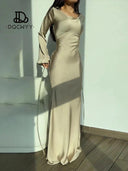 New Elegant Satin Flare Sleeve Evening Party Dress White Champagne