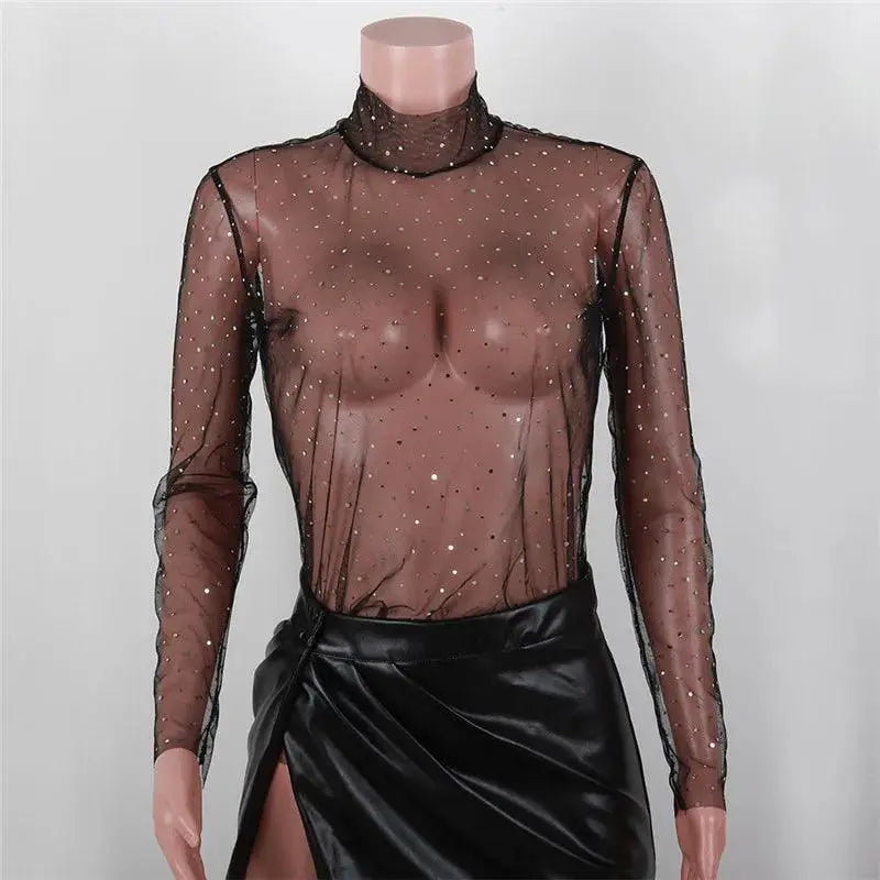 Nightclub Ready Mesh Rhinestone Blouse Sexy See Through Top
