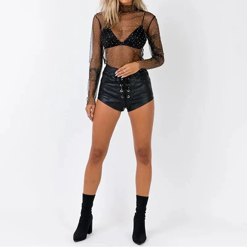 Nightclub Ready Mesh Rhinestone Blouse Sexy See Through Top