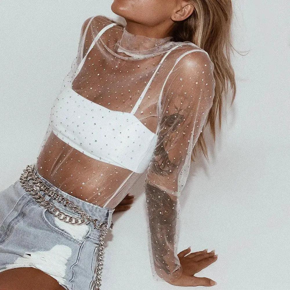Nightclub Ready Mesh Rhinestone Blouse Sexy See Through Top