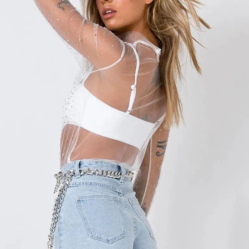 Nightclub Ready Mesh Rhinestone Blouse Sexy See Through Top