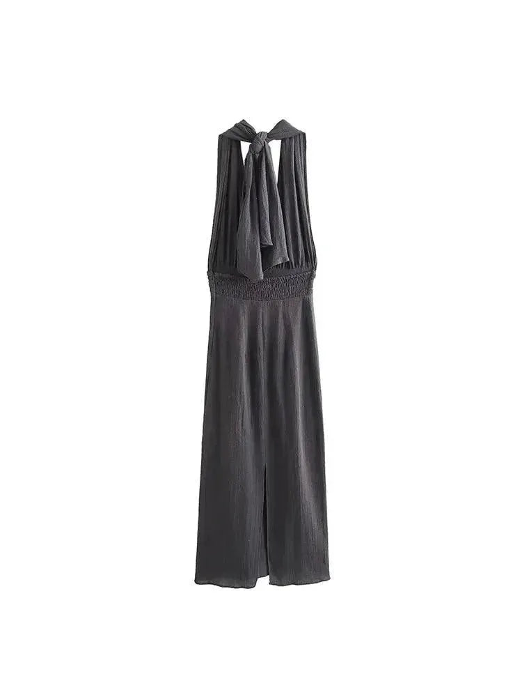 Nlzgmsj Traf Womens Elegant V Neck Halter Midi Dress Chic