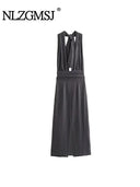 Nlzgmsj TRAF Women's Elegant V-Neck Halter Midi Dress Chic