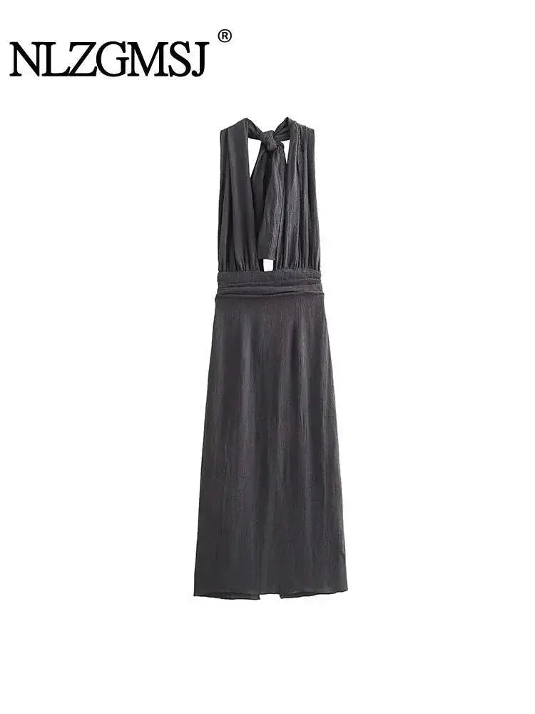 Nlzgmsj Traf Womens Elegant V Neck Halter Midi Dress Chic