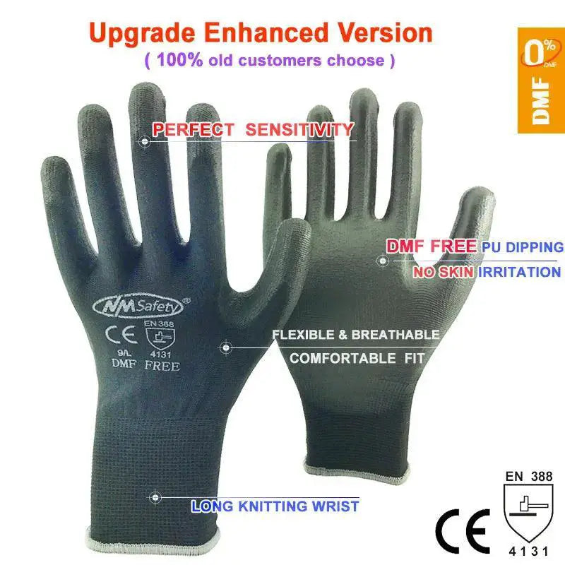 NMSafety Black PU Coated Work Gloves for Industrial Use