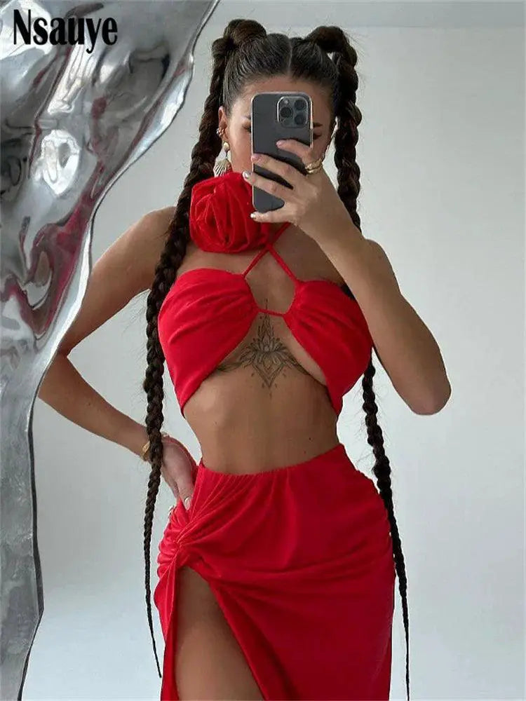 Nsauye Sexy High Split Skirt Set For Summer Style Chic