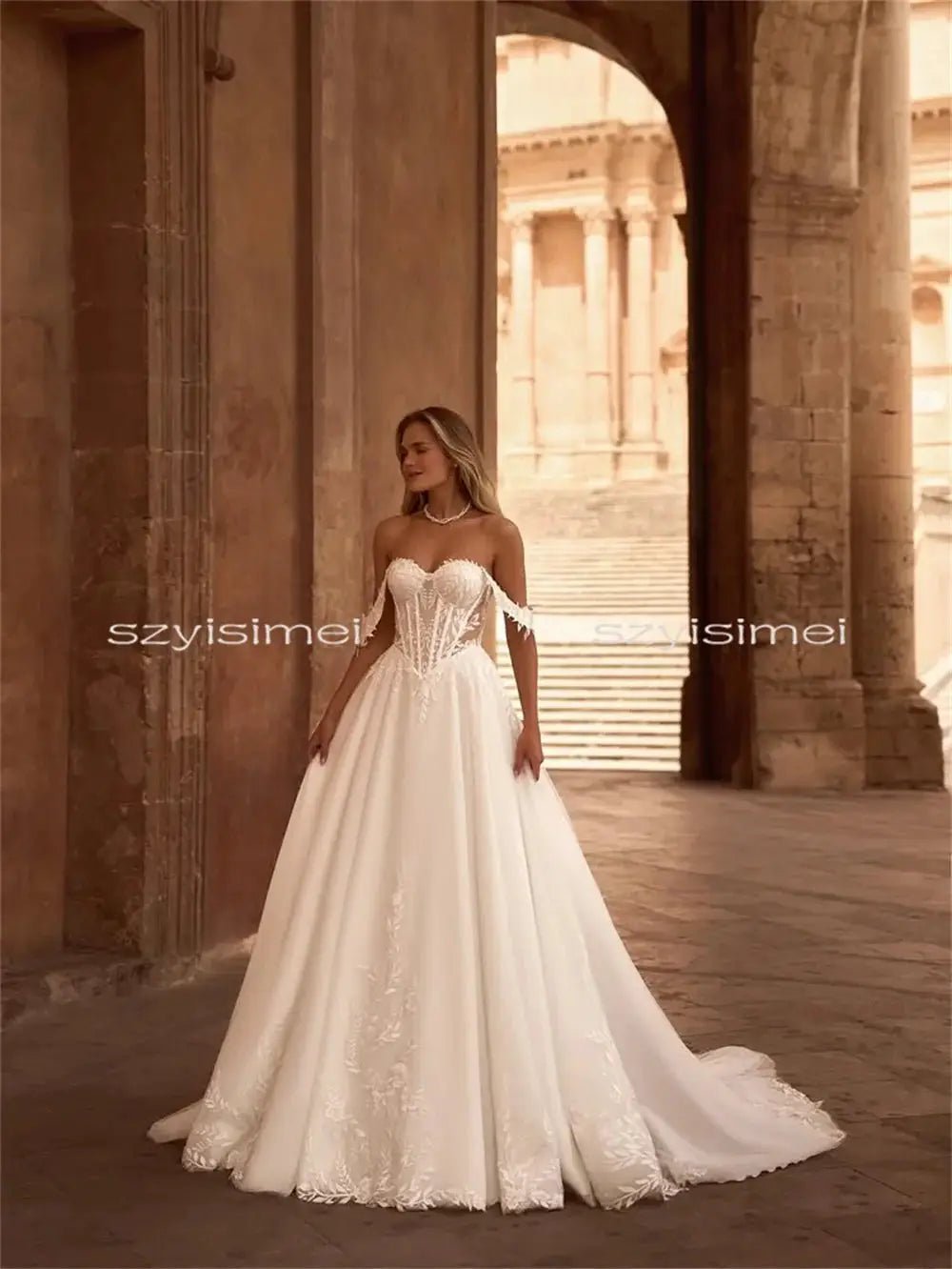Off Shoulder A Line Wedding Dress With Built In Bra Customizable Gown Elegance