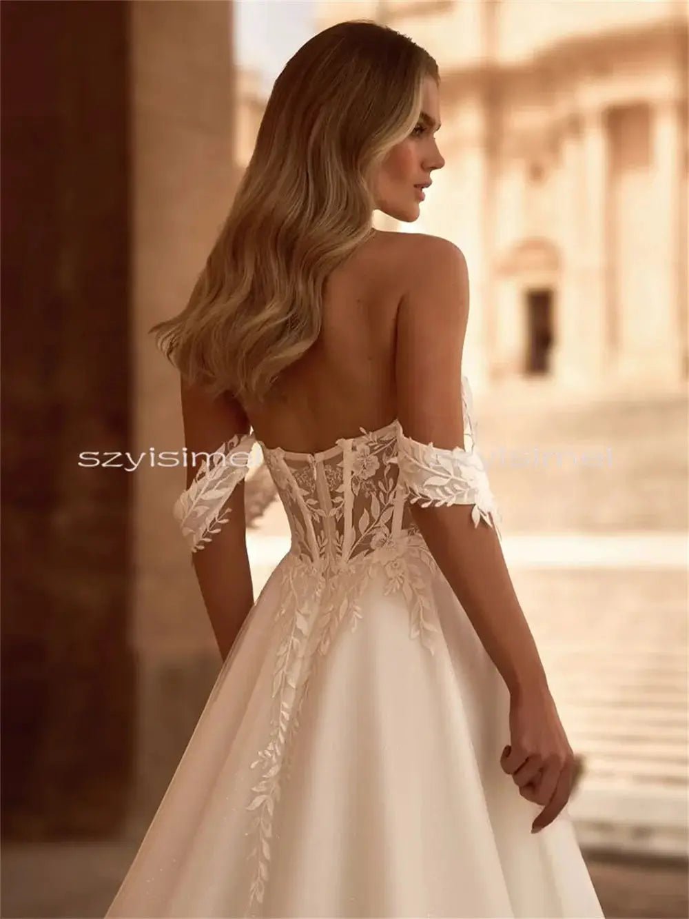 Off Shoulder A Line Wedding Dress With Built In Bra Customizable Gown Elegance