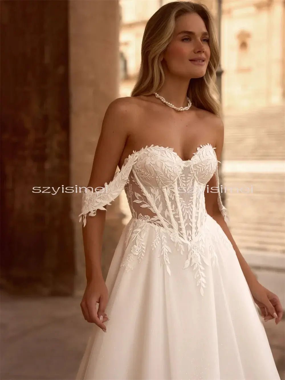 Off Shoulder A Line Wedding Dress With Built In Bra Customizable Gown Elegance