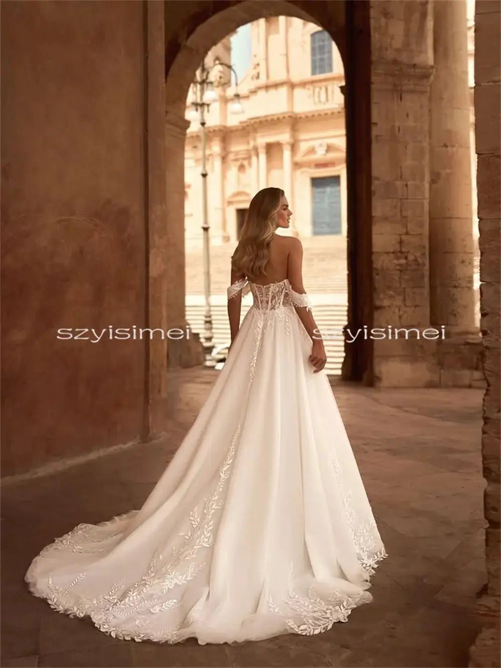 Off Shoulder A Line Wedding Dress With Built In Bra Customizable Gown Elegance