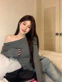 Off-the-Shoulder Gray Slim Fit T-shirt Stylish & Versatile