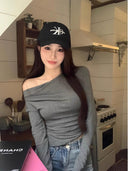 Off-the-Shoulder Gray Slim Fit T-shirt Stylish & Versatile