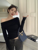 Off-the-Shoulder Gray Slim Fit T-shirt Stylish & Versatile