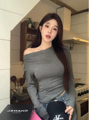Off-the-Shoulder Gray Slim Fit T-shirt Stylish & Versatile
