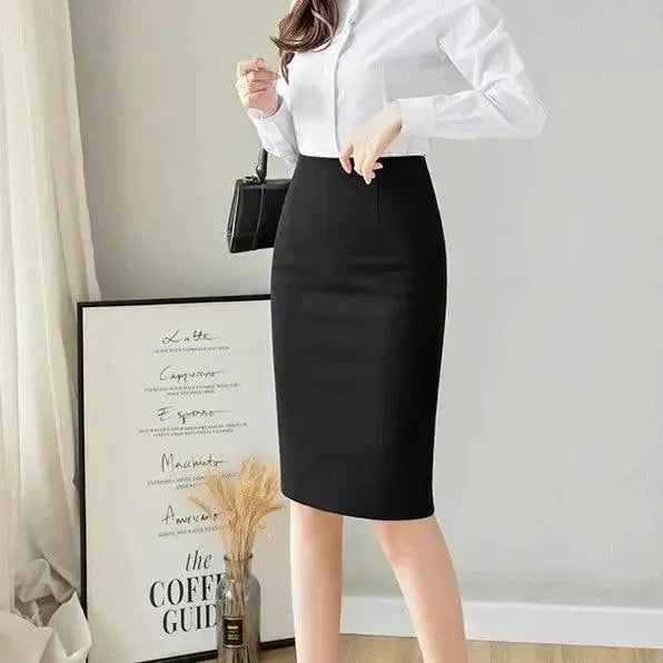 Office Lady Elegant Black Split Skirt Korean Style Chic