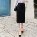 Office Lady Elegant Black Split Skirt Chic Korean Style