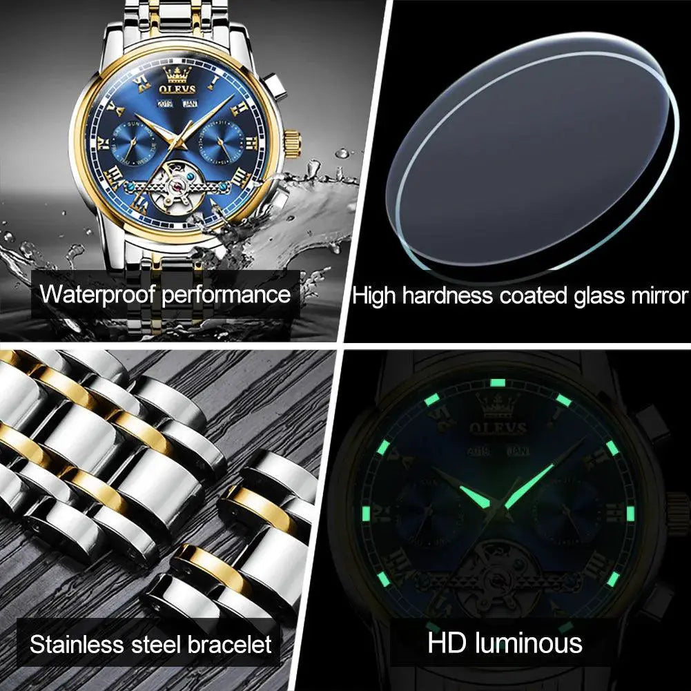 Men's Stainless Steel Automatic Watch Skeleton Calendar