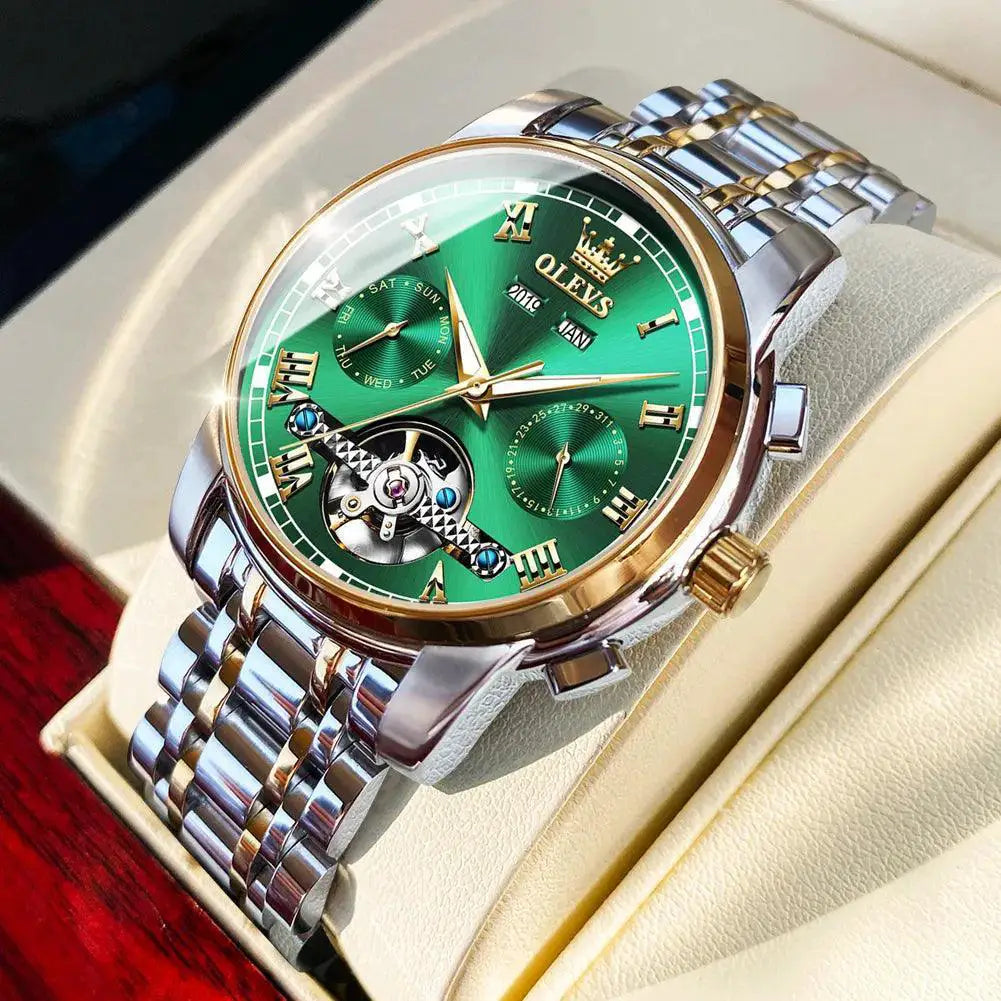 Men's Stainless Steel Automatic Watch Skeleton Calendar