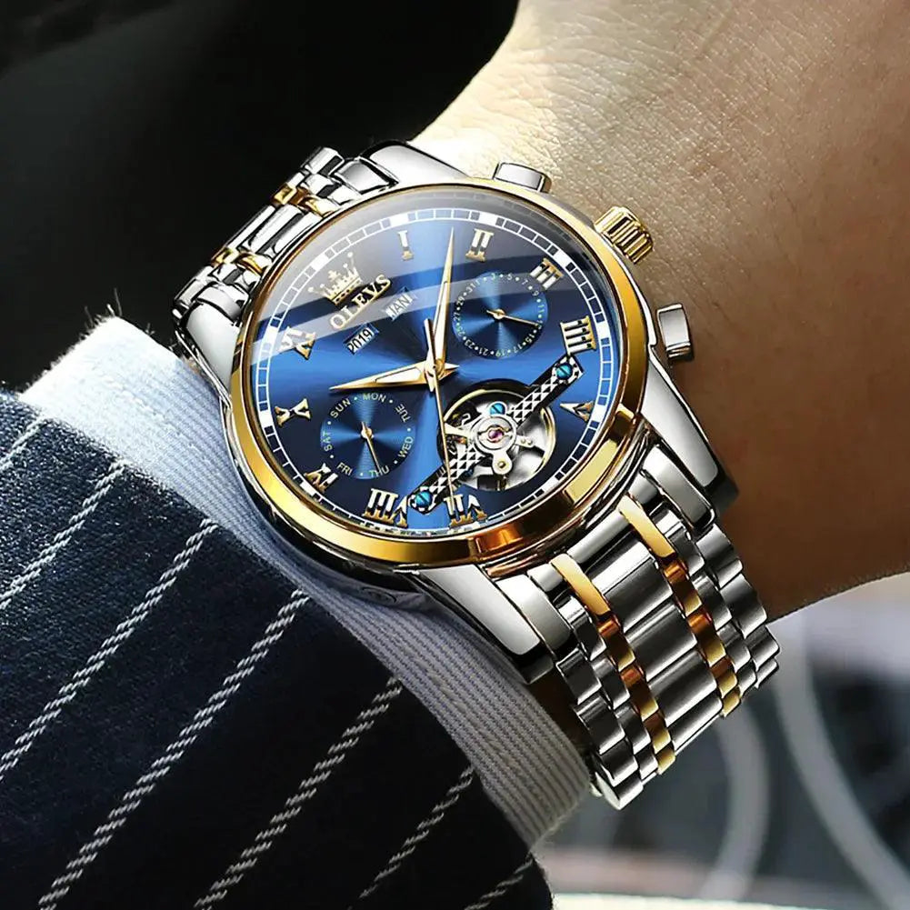 Men's Stainless Steel Automatic Watch Skeleton Calendar