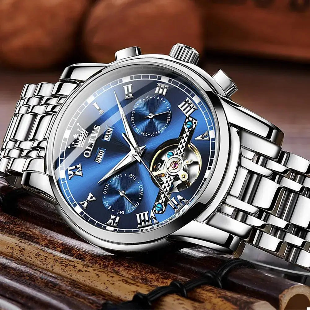 Men's Stainless Steel Automatic Watch Skeleton Calendar
