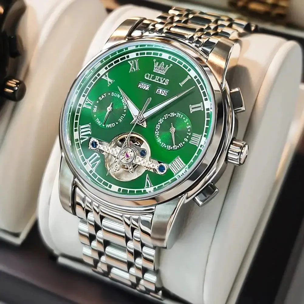 Men's Stainless Steel Automatic Watch Skeleton Calendar