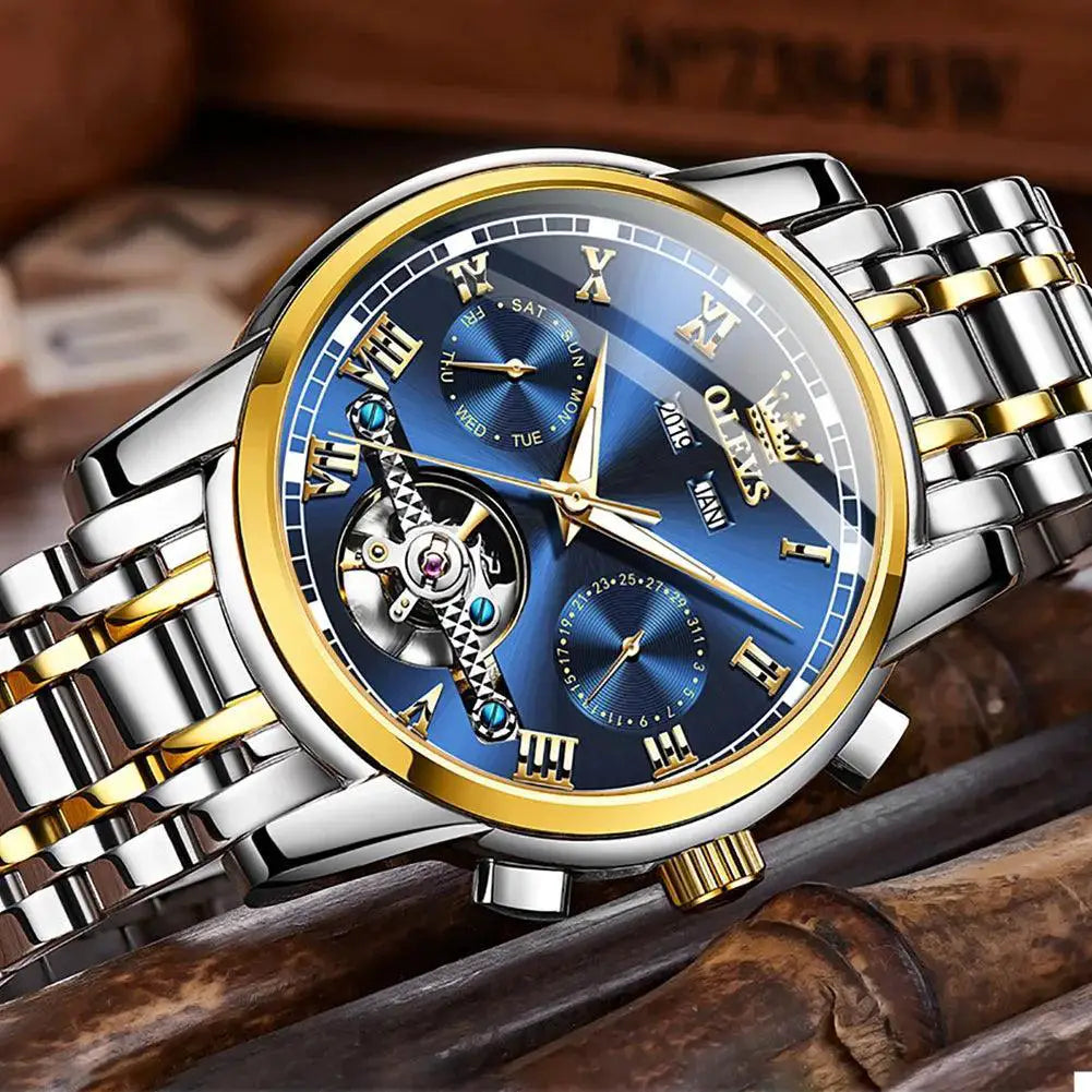 Men's Stainless Steel Automatic Watch Skeleton Calendar