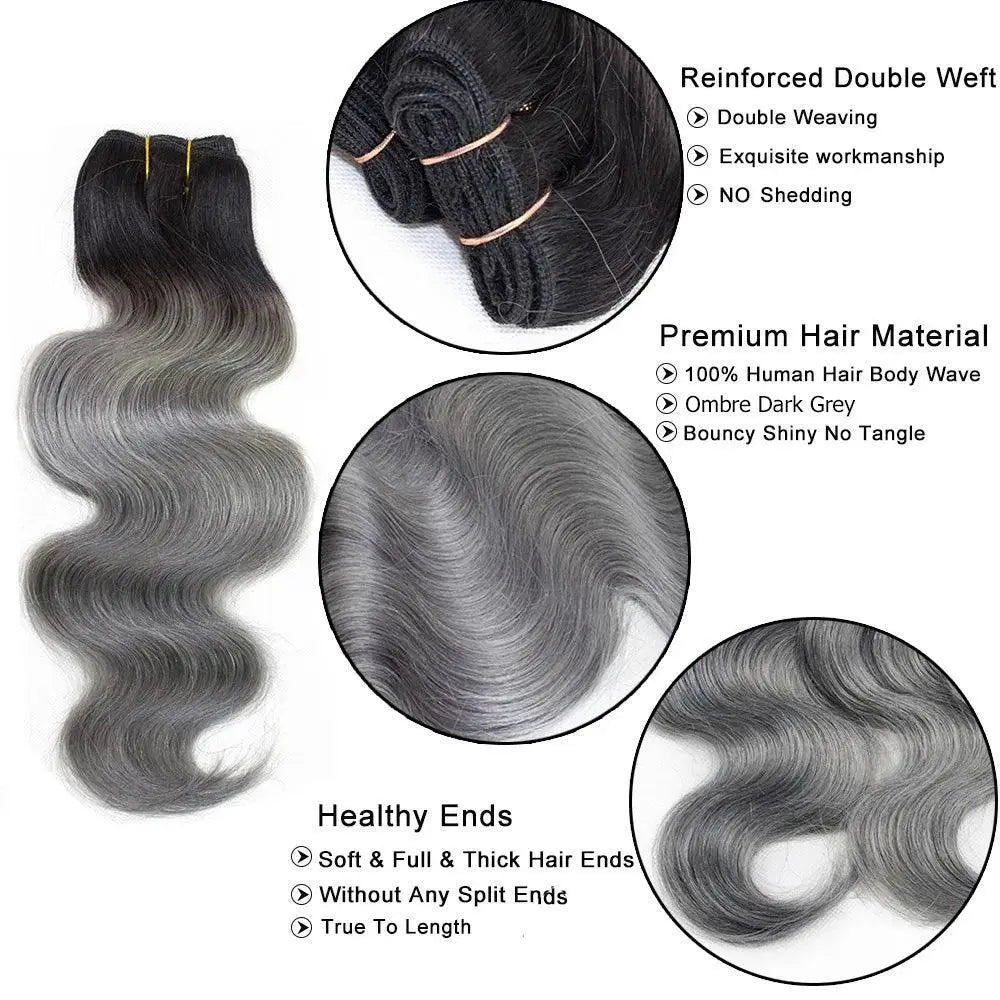 Ombre Black to Grey Body Wave Remy Hair Extensions Silvery