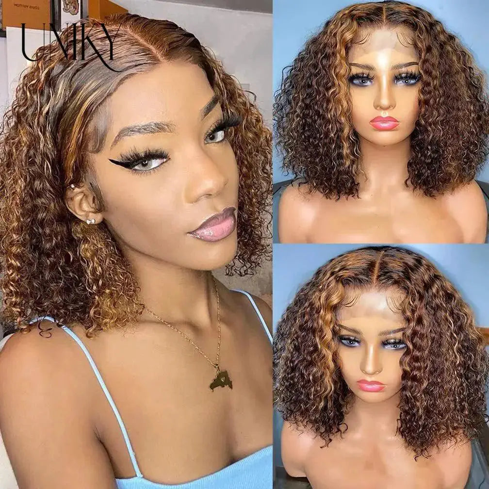 Ombre Curly Lace Front Bob Wig Remy Human Hair 100 Percent