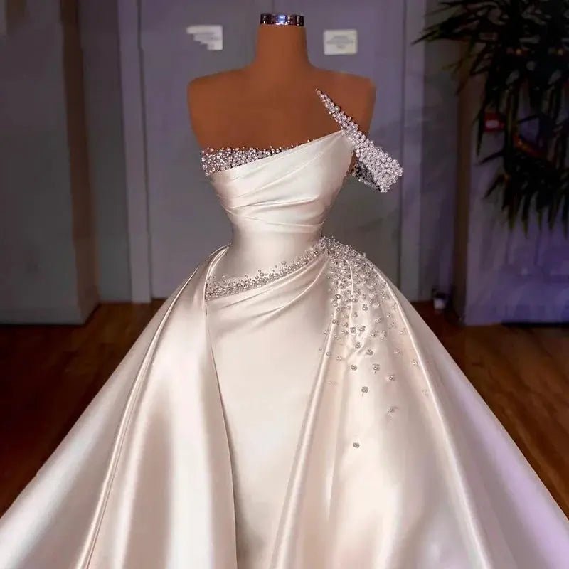 One Shoulder Satin Mermaid Wedding Dress With Detachable Train 3 In 1 Pearl Chic