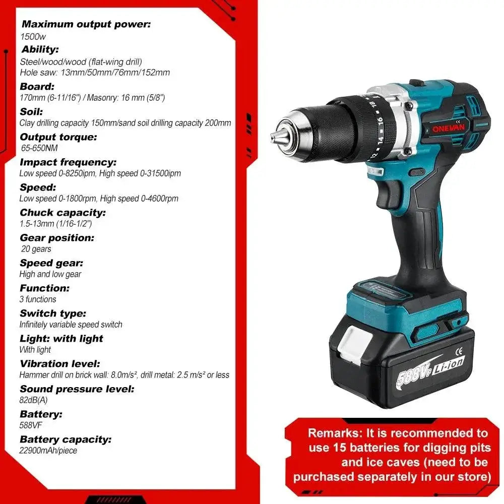 Onevan 13mm Brushless Cordless Impact Drill 650Nm Torque