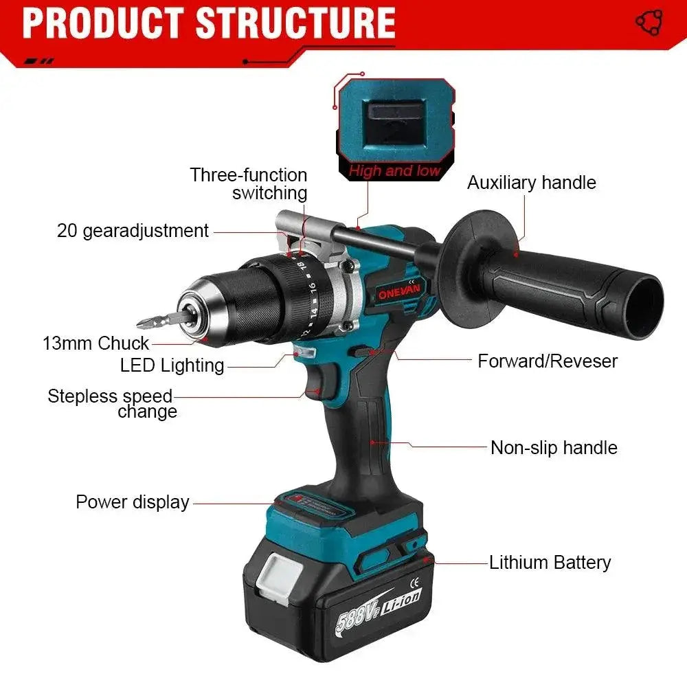 Onevan 13mm Brushless Cordless Impact Drill 650Nm Torque