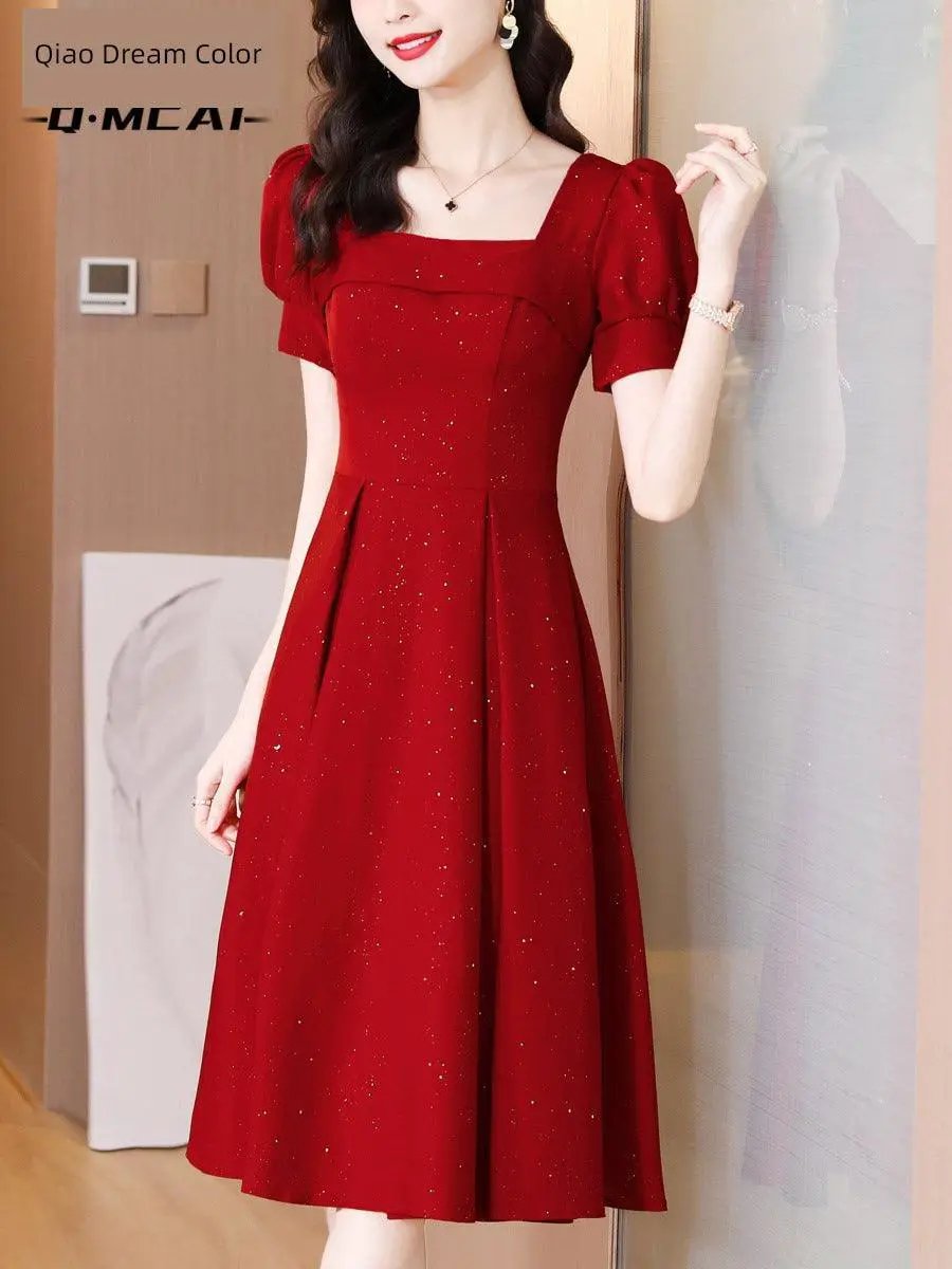 Elegant Summer Dress High Waist Flare Square Neck Glam