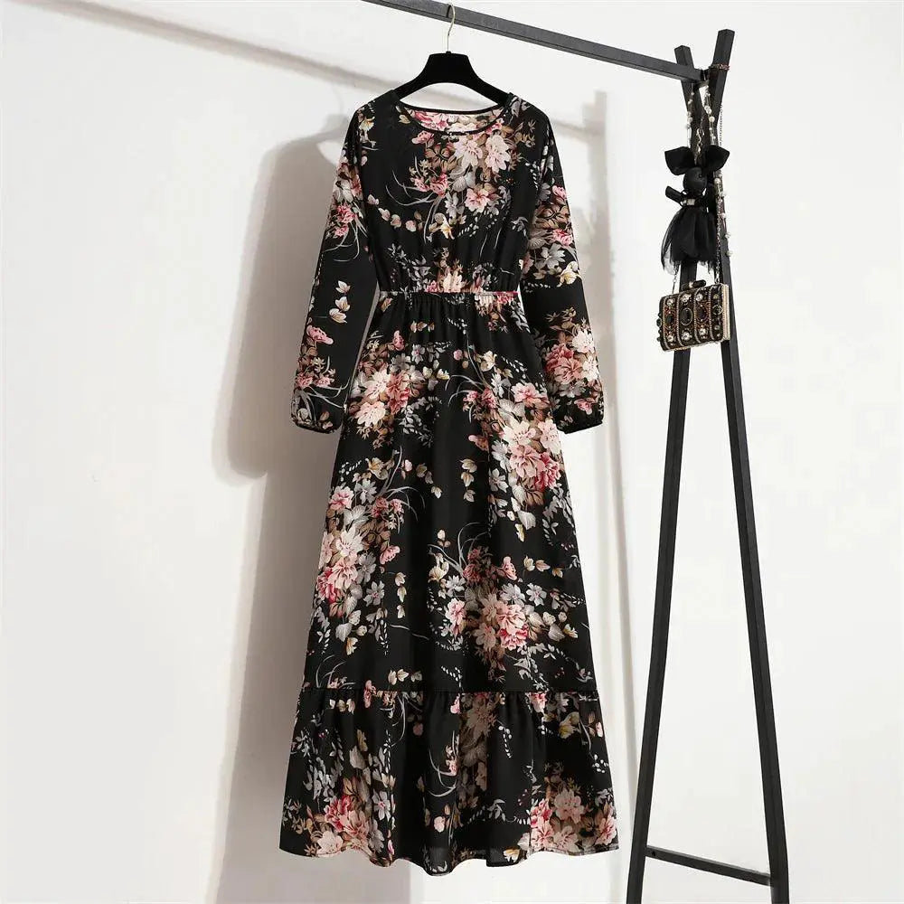 Spring Bohemian Maxi Dress Floral Beach Party O Neck