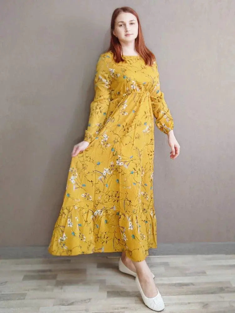 Spring Bohemian Maxi Dress Floral Beach Party O Neck