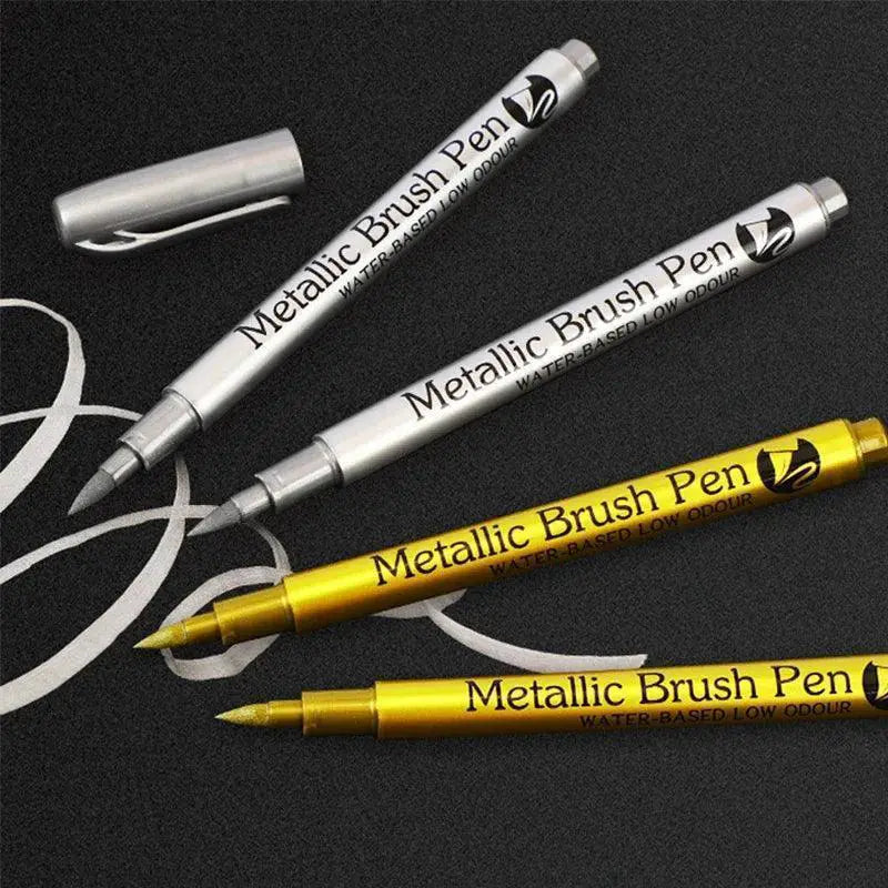 Brush Metallic Marker Pens Set Gold Silver For Crafts