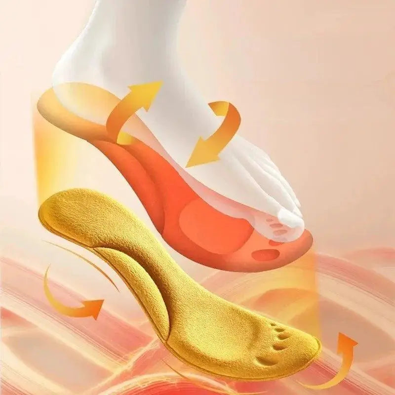 Self-heating memory foam insole with arch support and foot illustration on warm background