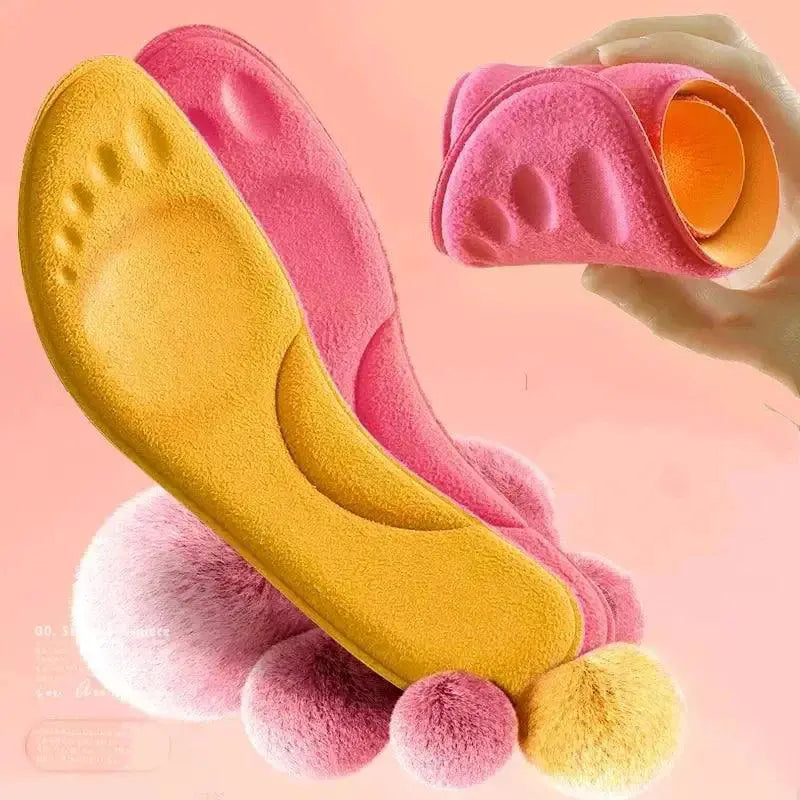 Rose red and yellow memory foam insoles with arch support, flexible and soft texture.