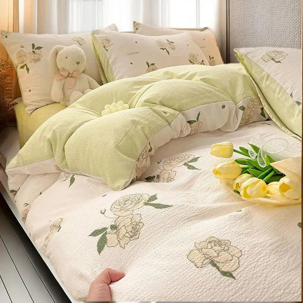 Cute Bear Pink Flower Bedding Set Soft Washed Cotton Quilt