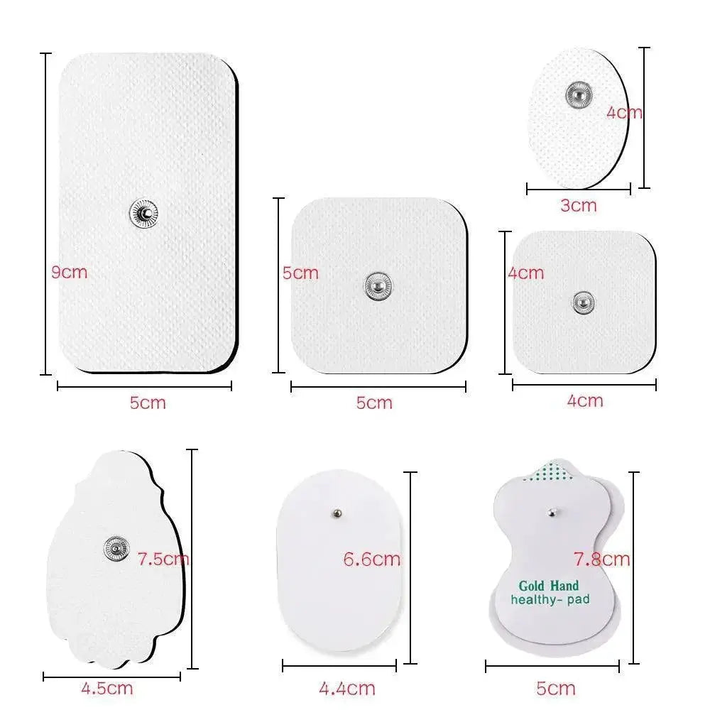 Assorted TENS electrode pads in various shapes and sizes with measurements, for muscle stimulator or physiotherapy devices, OurLum.com health tech collection.