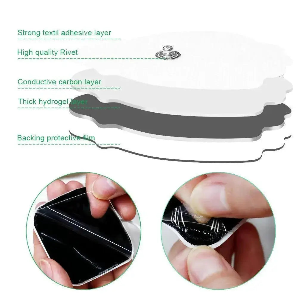 TENS electrode pads gel layers diagram, showing adhesive, carbon, hydrogel, and protective film, from OurLum.com