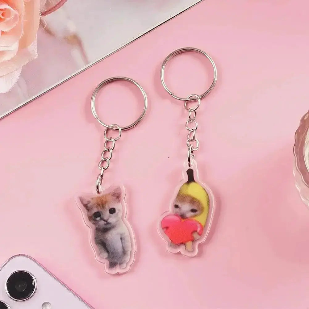 Happy Banana Cat Keychain Cute Funny Internet Meme Pendant