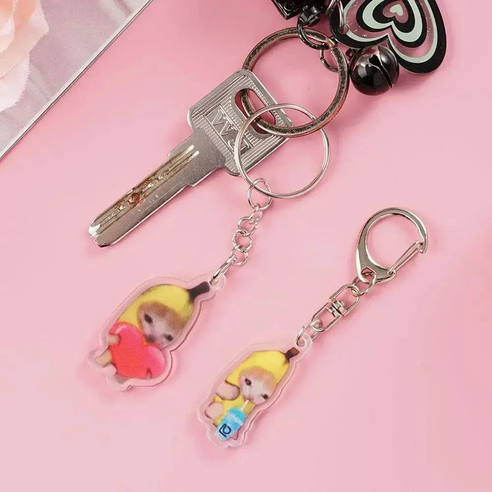 Happy Banana Cat Keychain Cute Funny Internet Meme Pendant