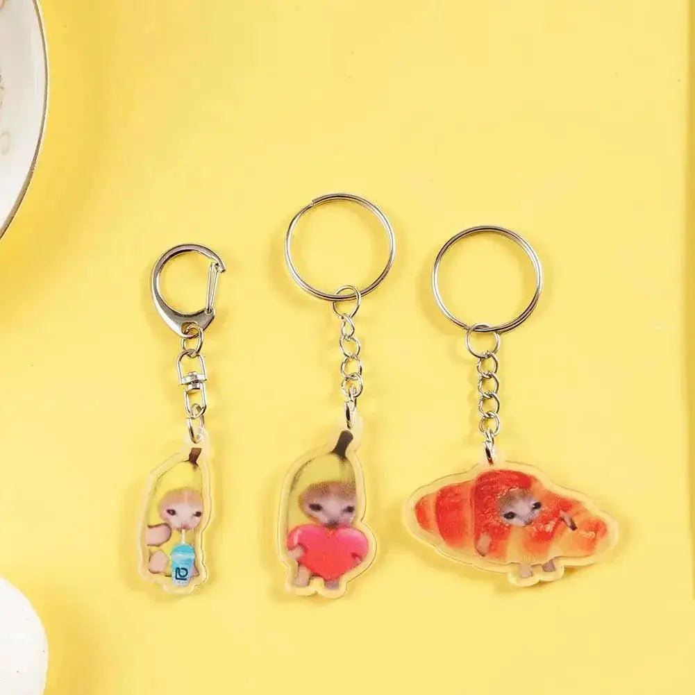 Happy Banana Cat Keychain Cute Funny Internet Meme Pendant
