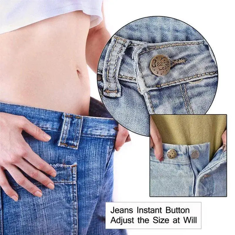 Metal jeans replacement button kit adjusts waistband size, shown on blue denim jeans, OurLum.com