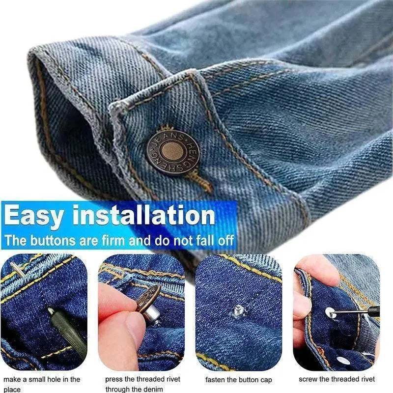 Metal jeans buttons repair kit with easy installation steps shown on blue denim, OurLum.com product