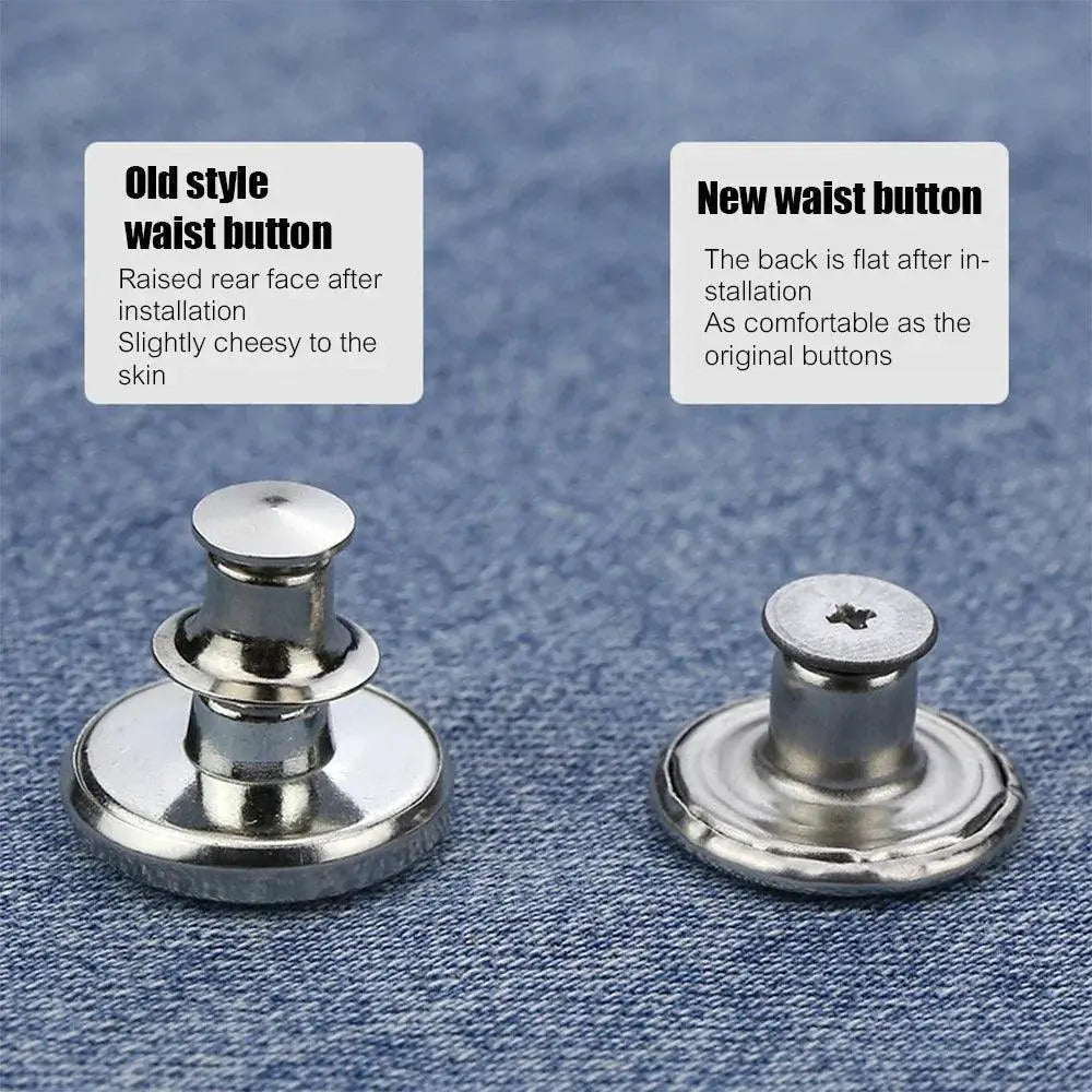 Comparison of old and new metal jeans buttons on denim, highlighting waist button styles.