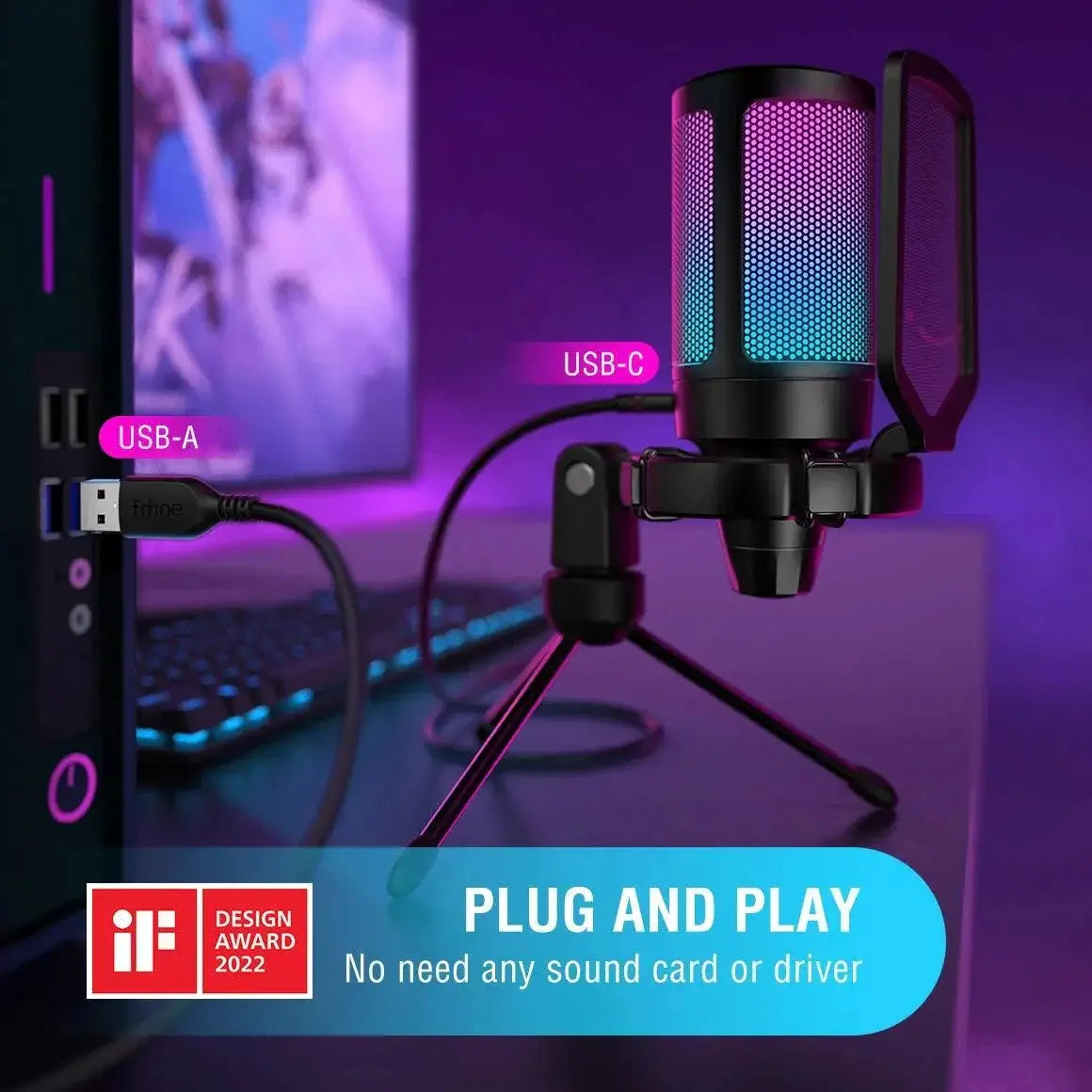 RGB Tap To Mute Gaming USB Microphone With Pop Filter